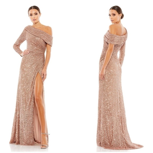 IEENA FOR MAC DUGGAL Sequined Drop Shoulder Faux Wrap Gown In Copper - Picture 1 of 6